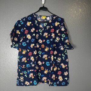 WonderWink 3X Scrub Top Navy Monkey Beach Print V-Neck Pockets